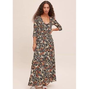 Anthropologie Maeve Omya Smocked Maxi Dress in Black & Orange Floral Print XS